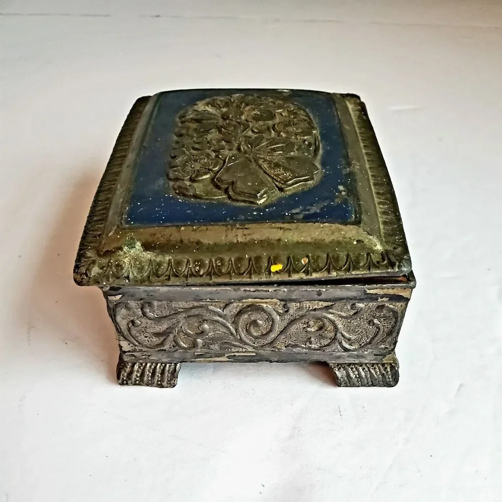 Silver Toned Footed Trinket Box Occupied Japan Blue Top Embossed Rose Vintage